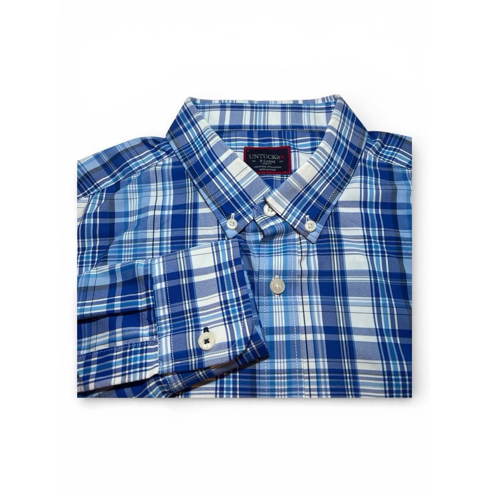 UNTUCKit Men's X-Large Blue White Plaid Long Sleeve Button Front Shirt